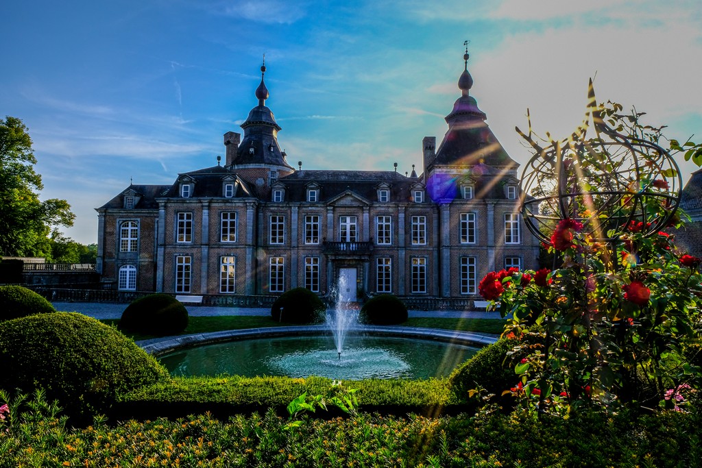 facciata del castello con raggi del sole e fiori in primo piano