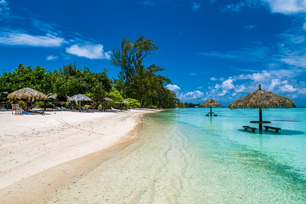 Dove dormire a Fakarava vista della spiaggia con ombrelloni e sdraio