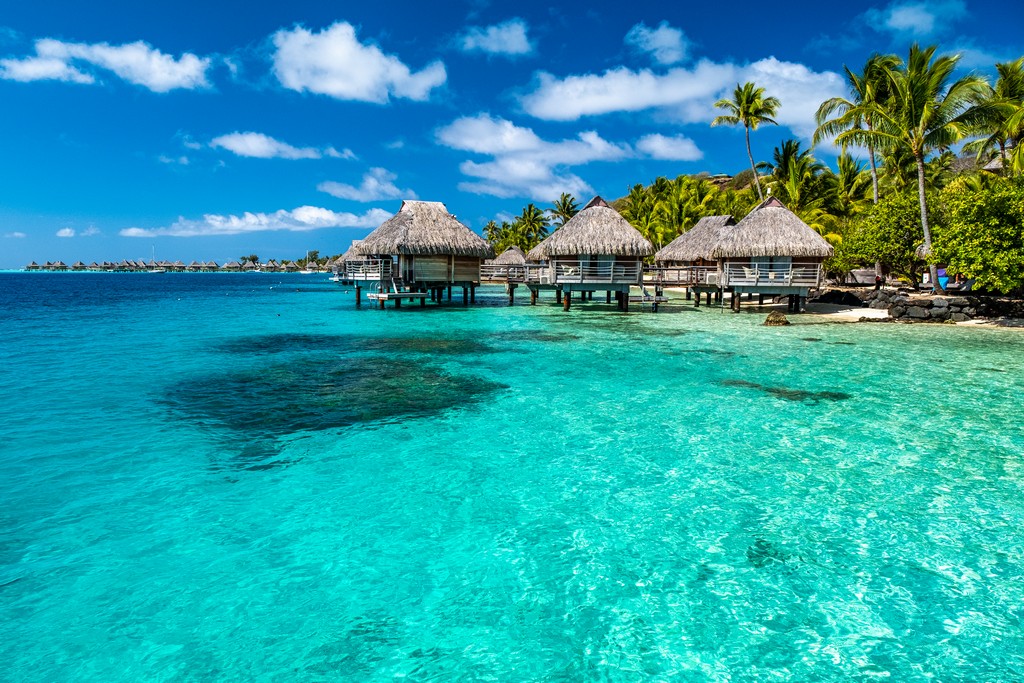 Polinesia Francese fai da te bungalow sulla laguna azzurra e palme