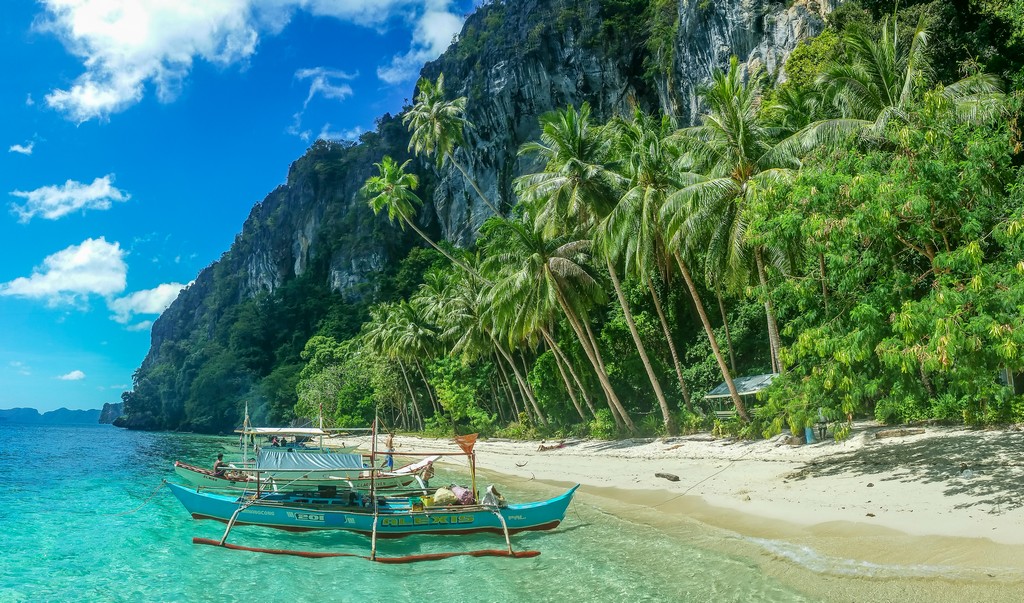 spiaggia con palme a ridotto della montagna con barche