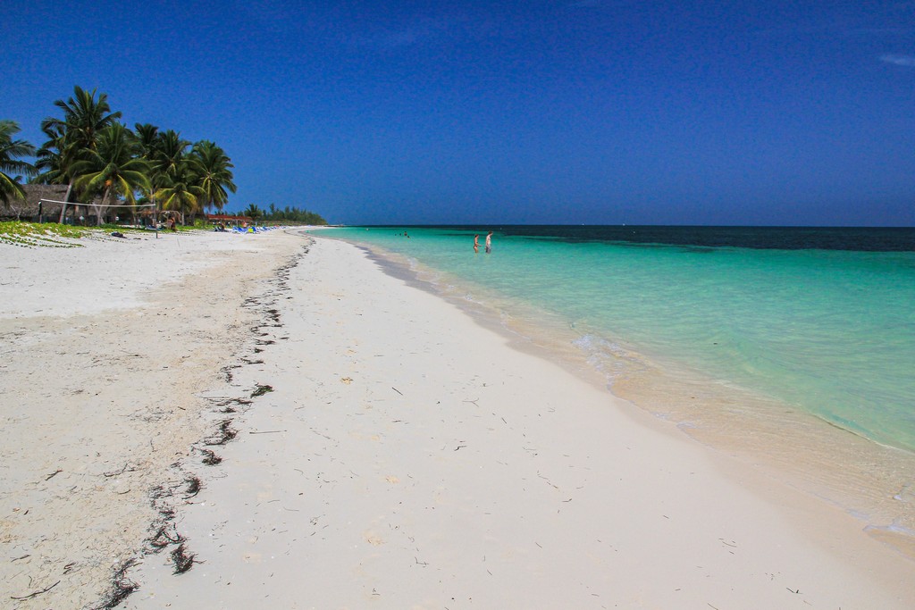 spiaggia di sabbia bianca con mare turchese e palme