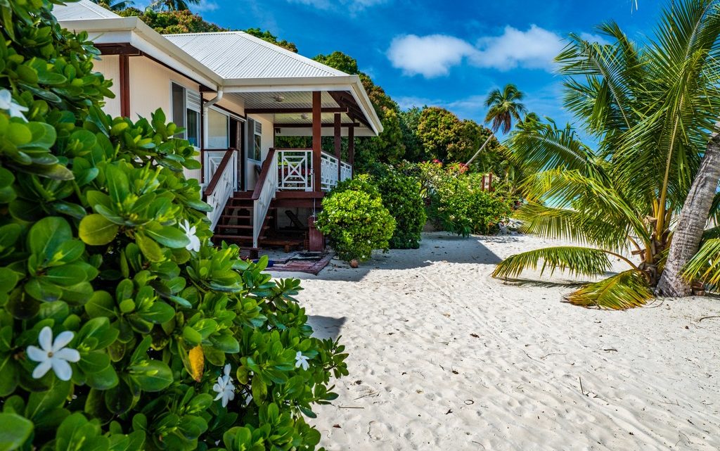 fiori di tiare in primo piano su spiaggia con bungalow e palme