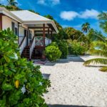 fiori di tiare in primo piano su spiaggia con bungalow e palme