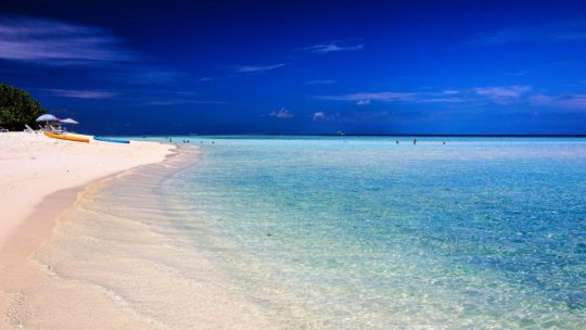 Maldive o Polinesia francese spiaggia bianca e laguna azzurra