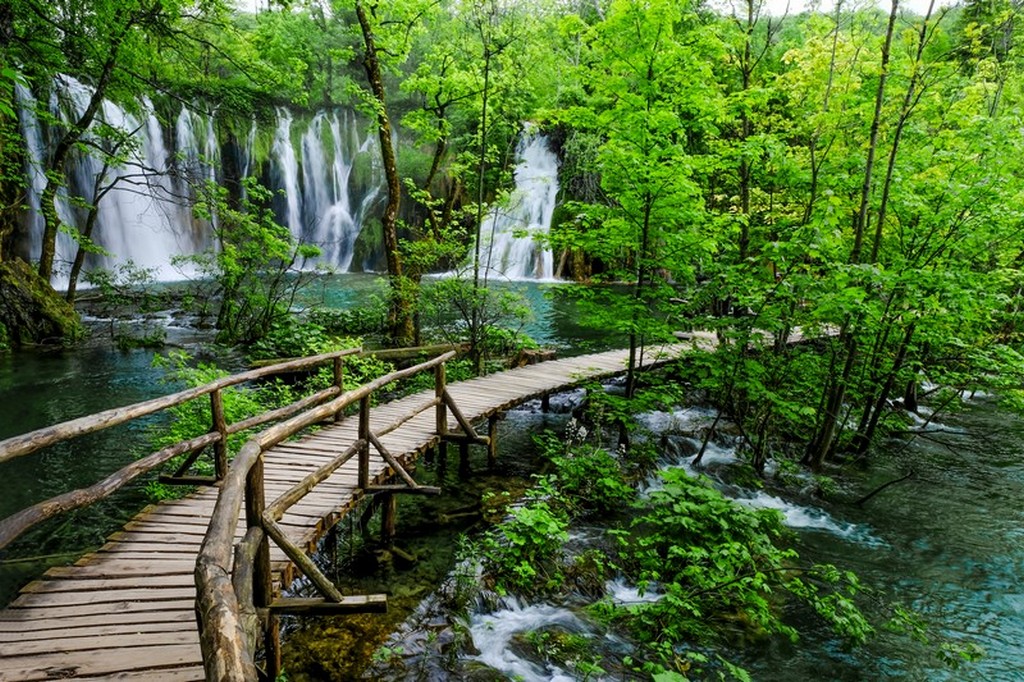 Guida laghi di Plitvice: passerella nel parco con cascata