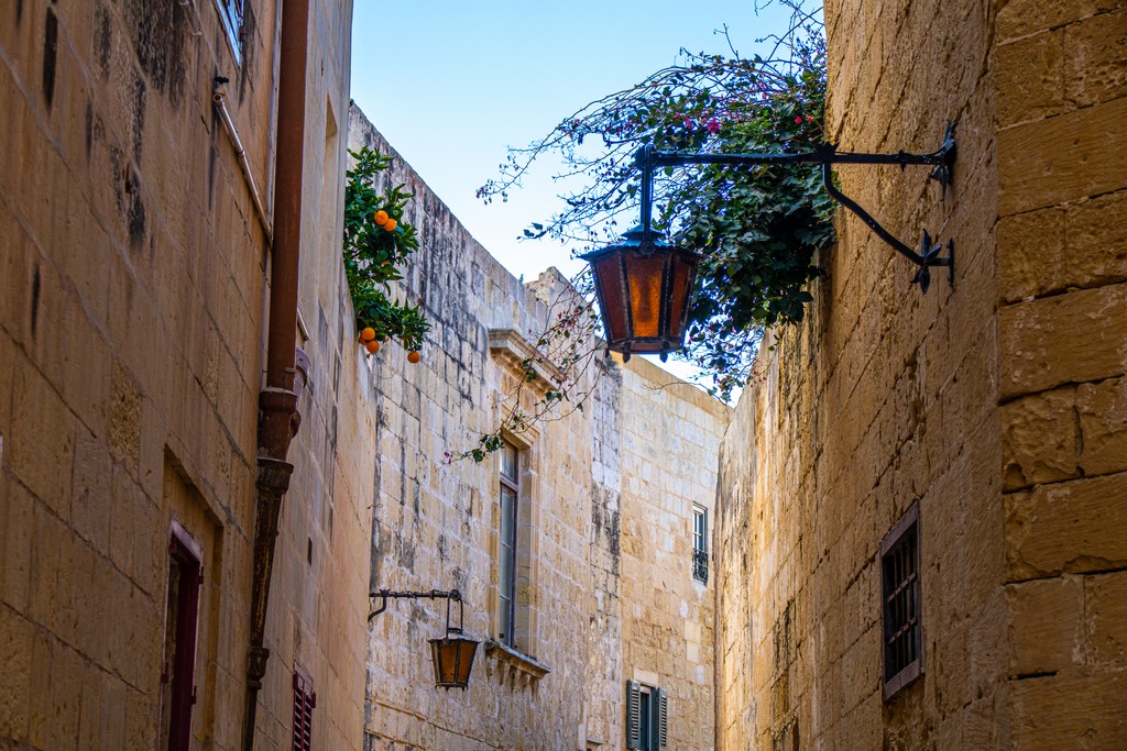 Visita a Mdina vietta deserta con lampione e arance