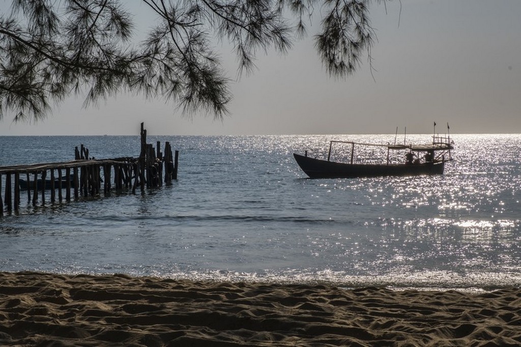 tramonto sul mare con barca e albero